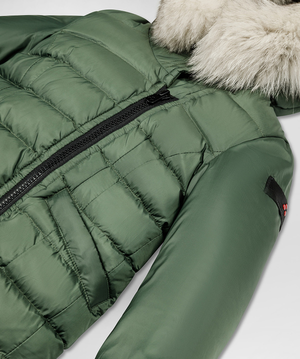 Down jacket with asymmetrical zipper and fur for girl green Peuterey