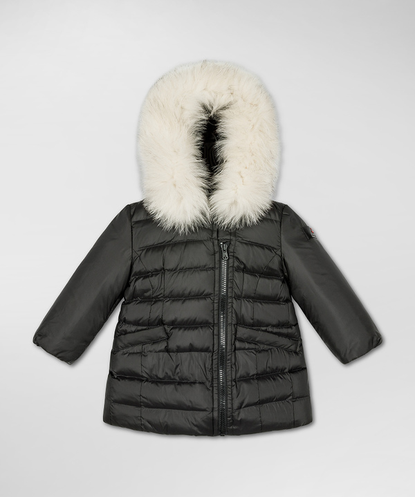 Asymmetrical puffer coat with fur hood top