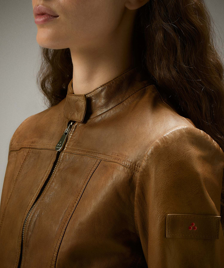 Worn-effect leather biker jacket