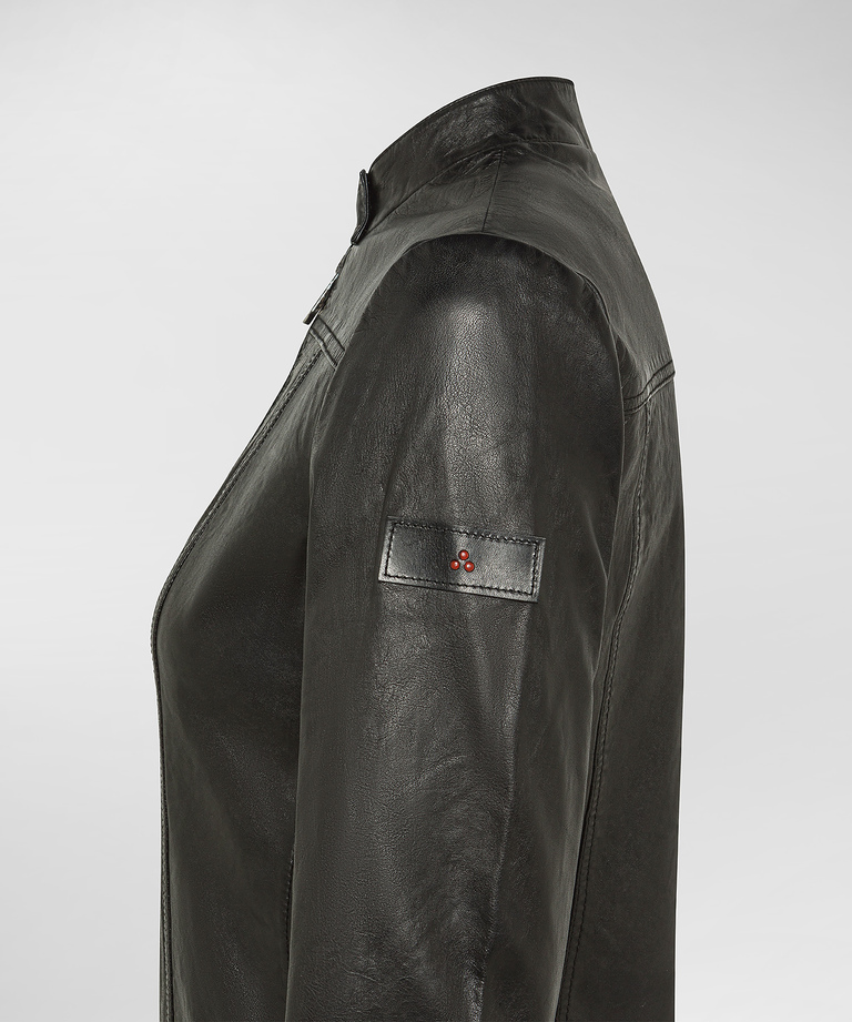 Worn-effect leather biker jacket
