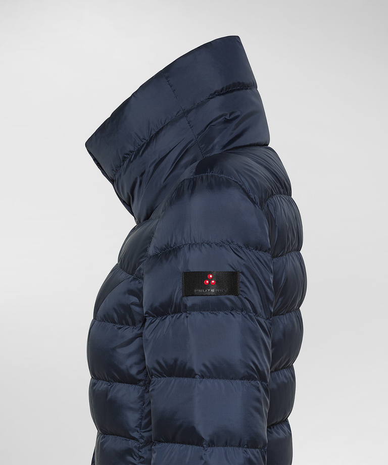Long, slim-fit down jacket with high collar