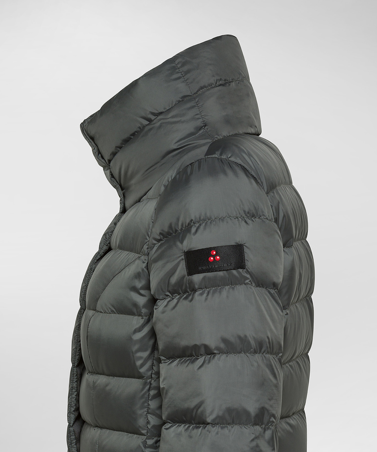 Long, slim-fit down jacket with high collar