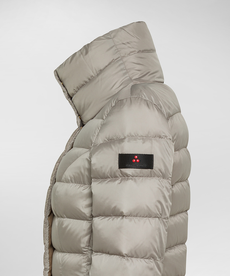 Long, slim-fit down jacket with high collar