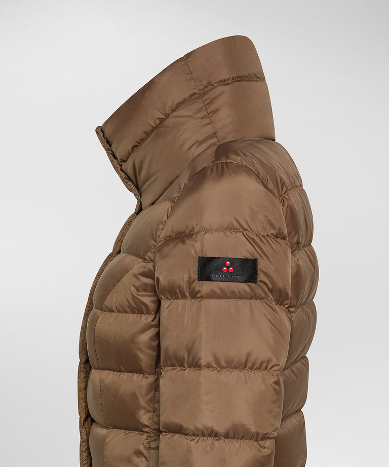 Long, slim-fit down jacket with high collar
