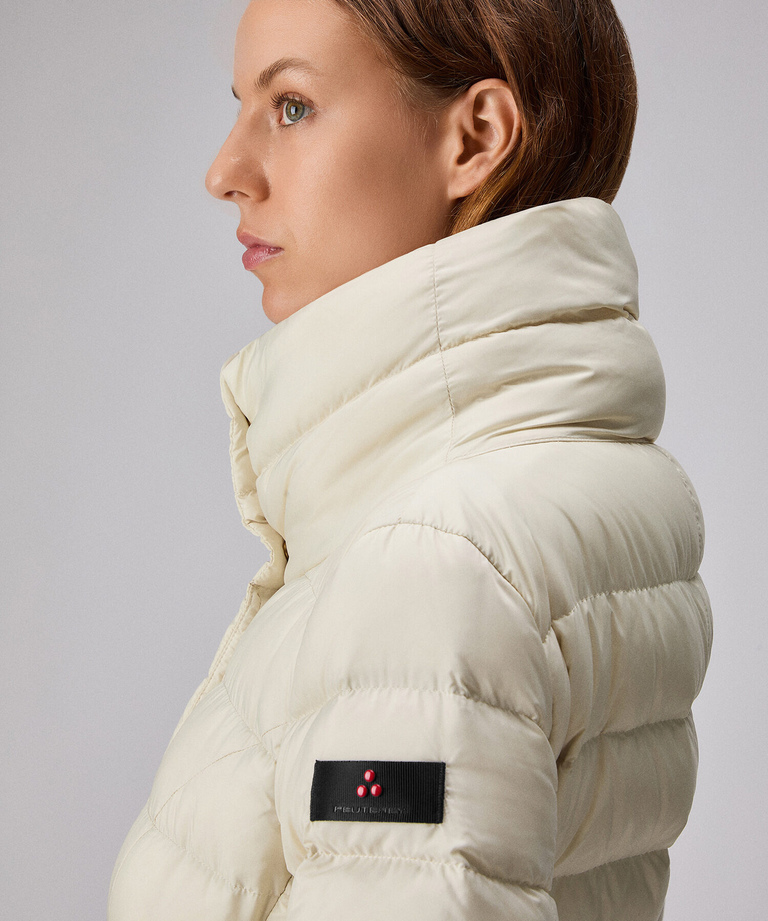 Long, slim-fit down jacket with high collar