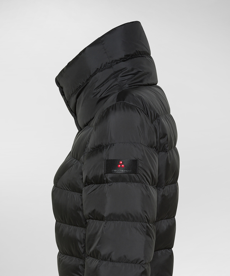 Long, slim-fit down jacket with high collar