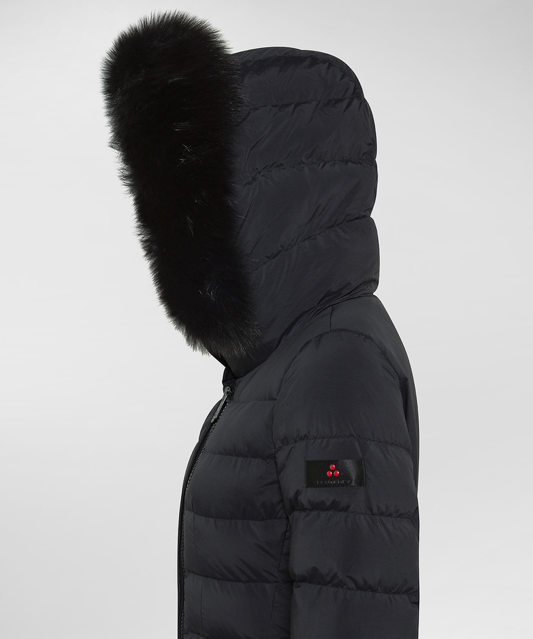 Long down jacket with high collar and fur