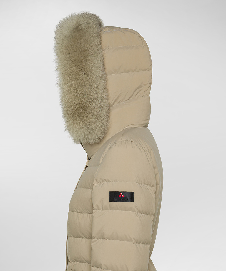 Long down jacket with high collar and fur