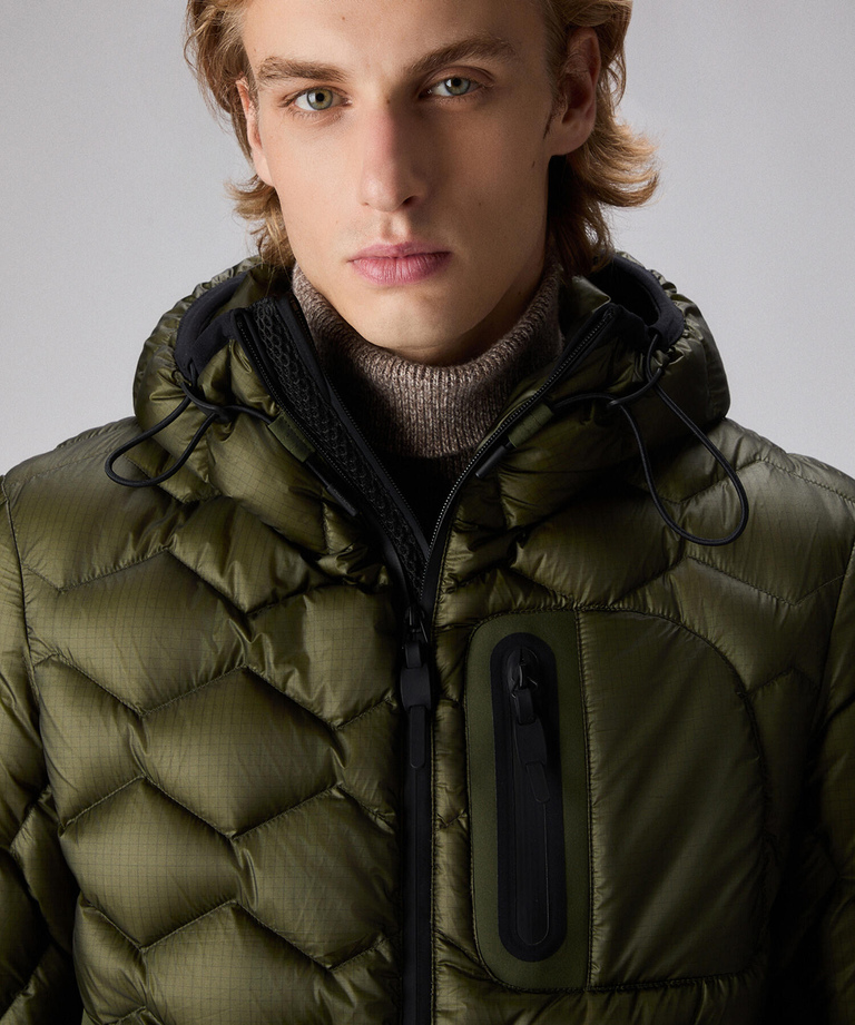 Modern down jacket with geometric quilting
