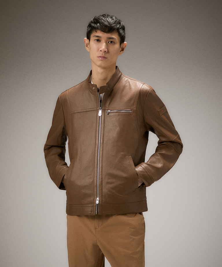 Leather biker jacket with chest pockets