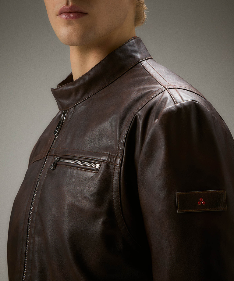 Vintage-effect leather biker jacket
