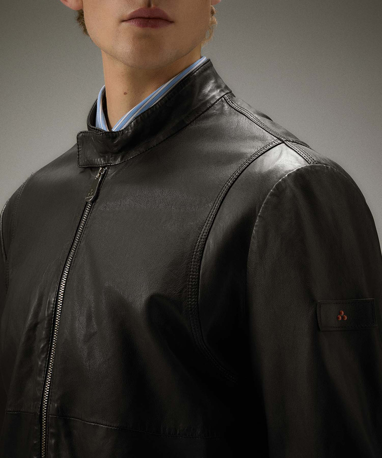 Leather bomber jacket with elastic jersey details