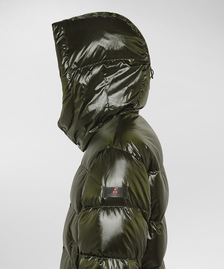 Iridescent down jacket with hood