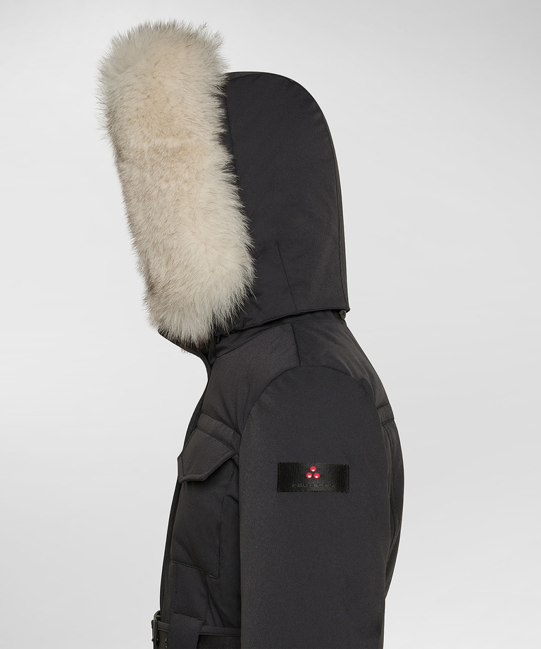 Down jacket with waist belt and fur