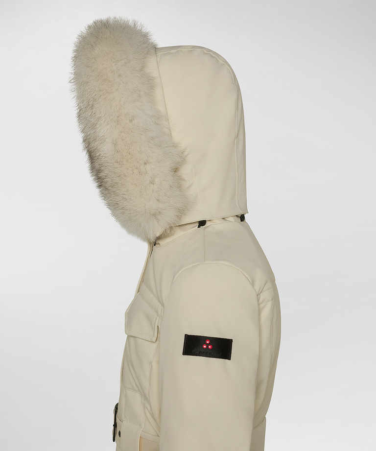 Down jacket with waist belt and fur