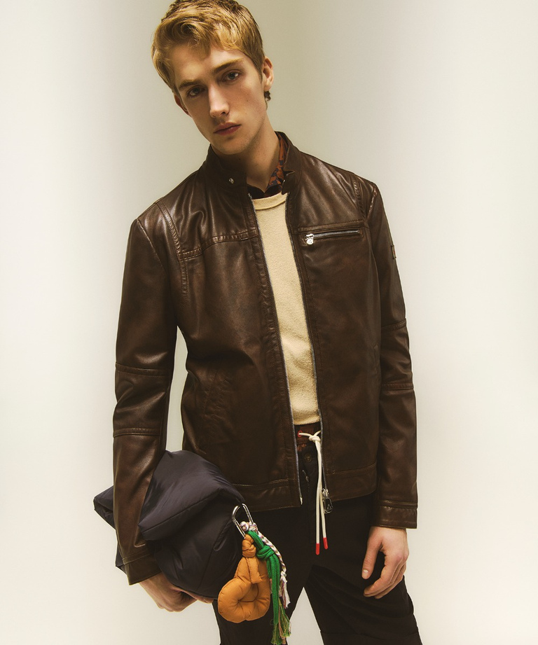 Vintage-effect leather biker jacket - Leather jackets | Peuterey