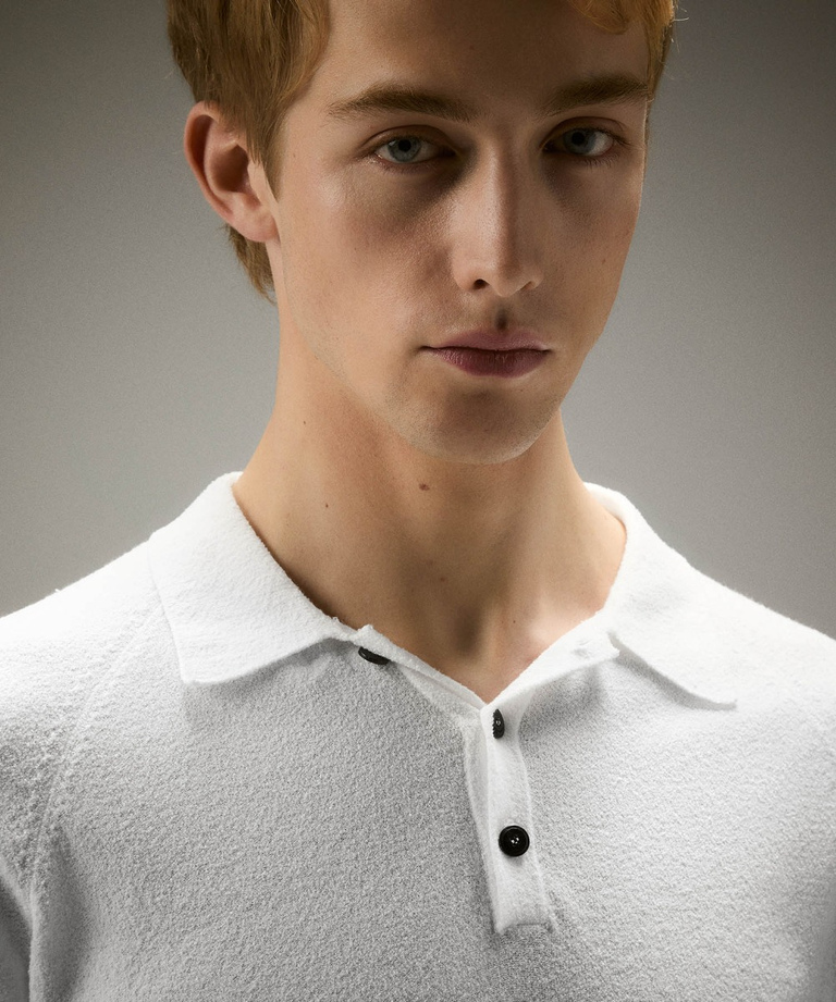 Terry-effect cotton and nylon blend knit polo shirt