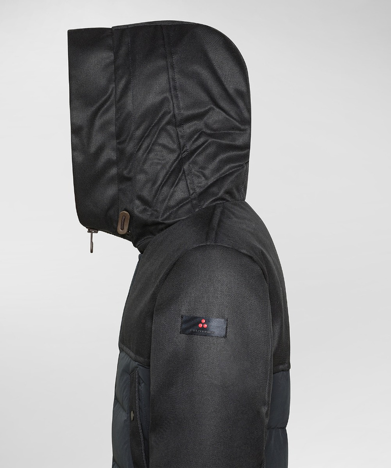 Double-material hooded down jacket with buttons