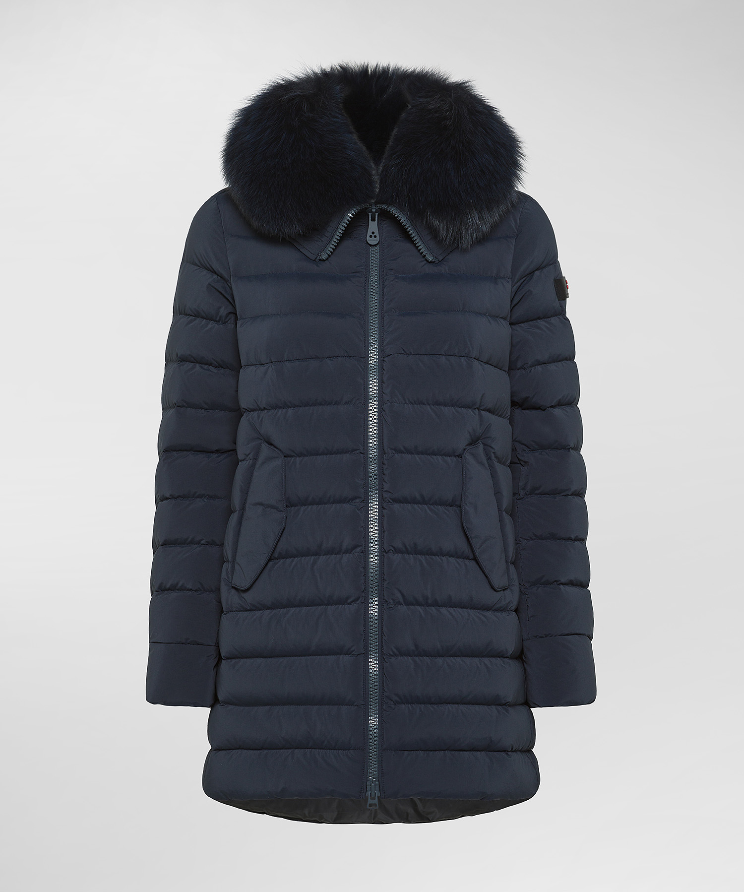 Long down jacket with fur in color tone, color Graphite Blue