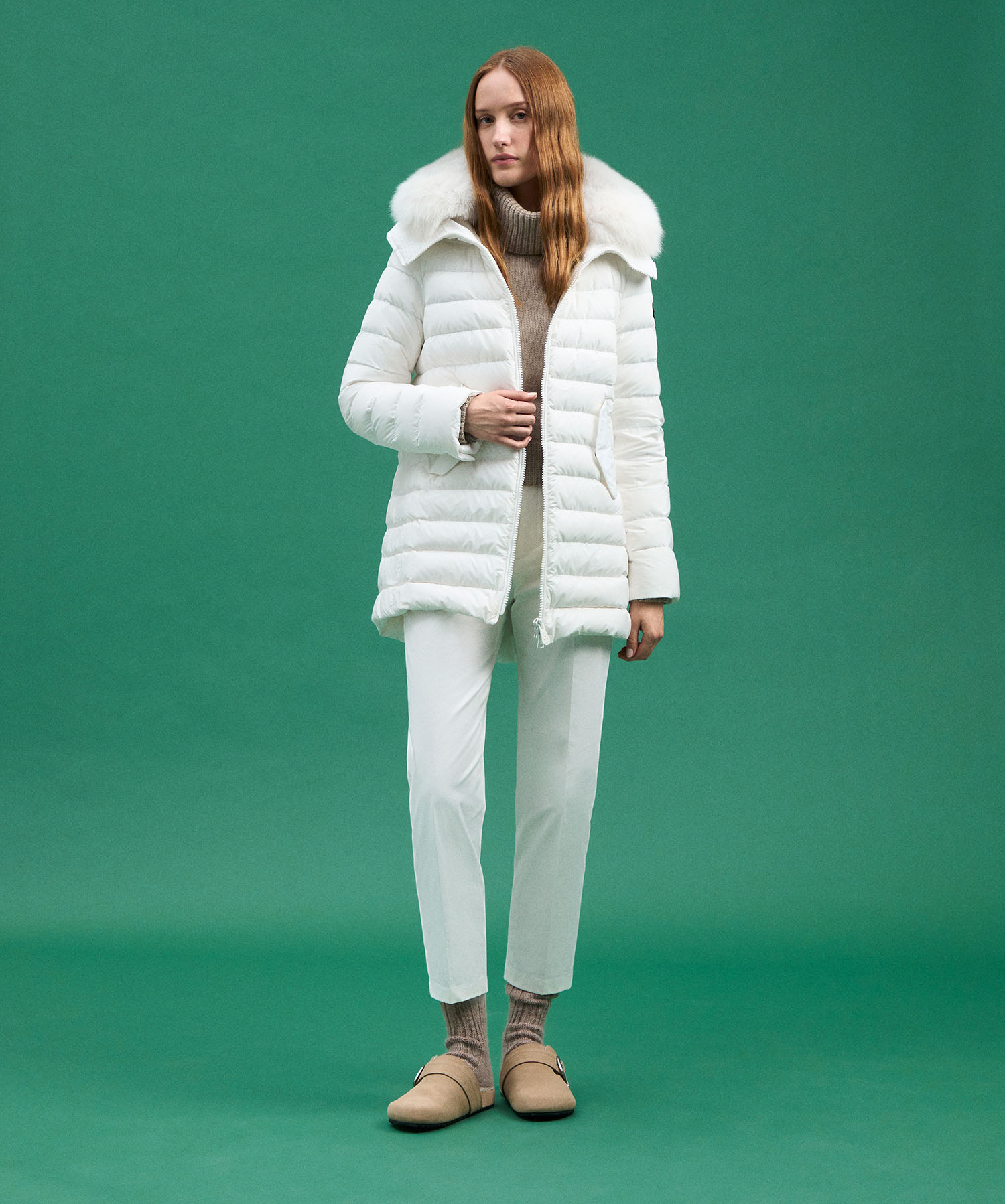 Long down jacket with matching colour fur, color White Long down jacket with matching colour fur, color White