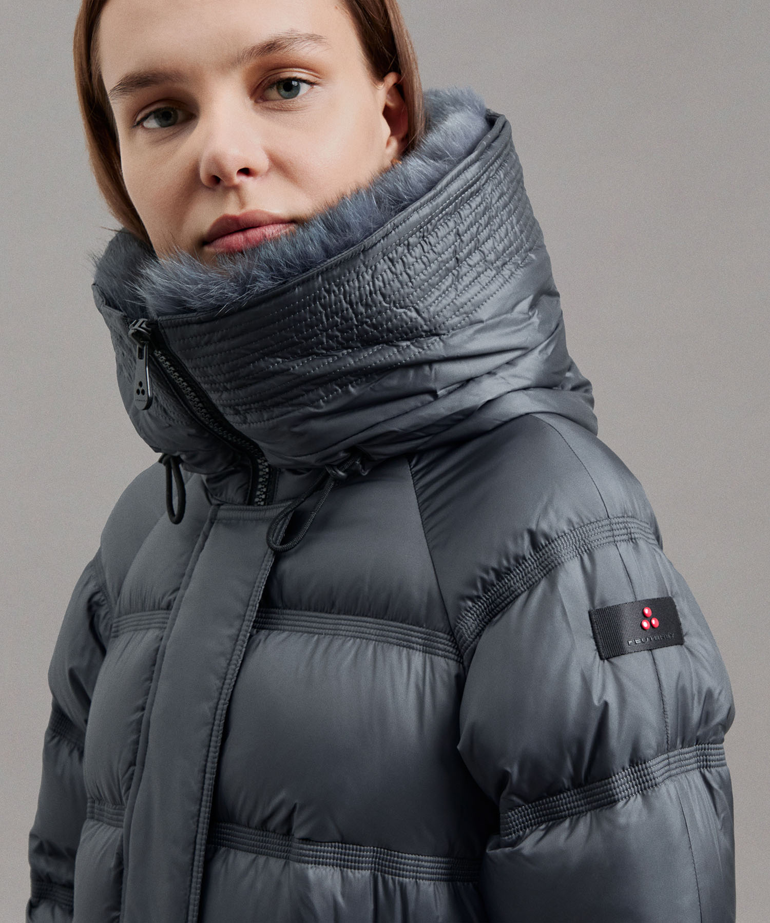 Grey puffer jacket with hood best sale