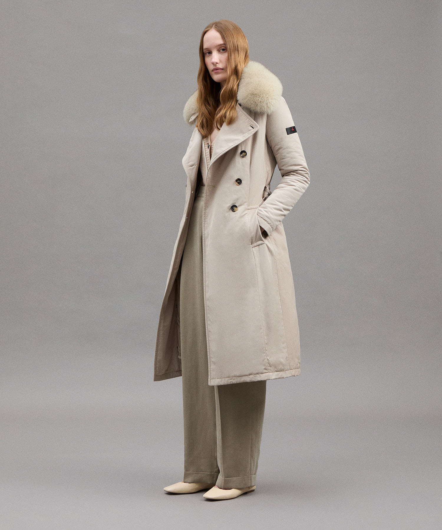 Long trench coat with fur for women beige Peuterey