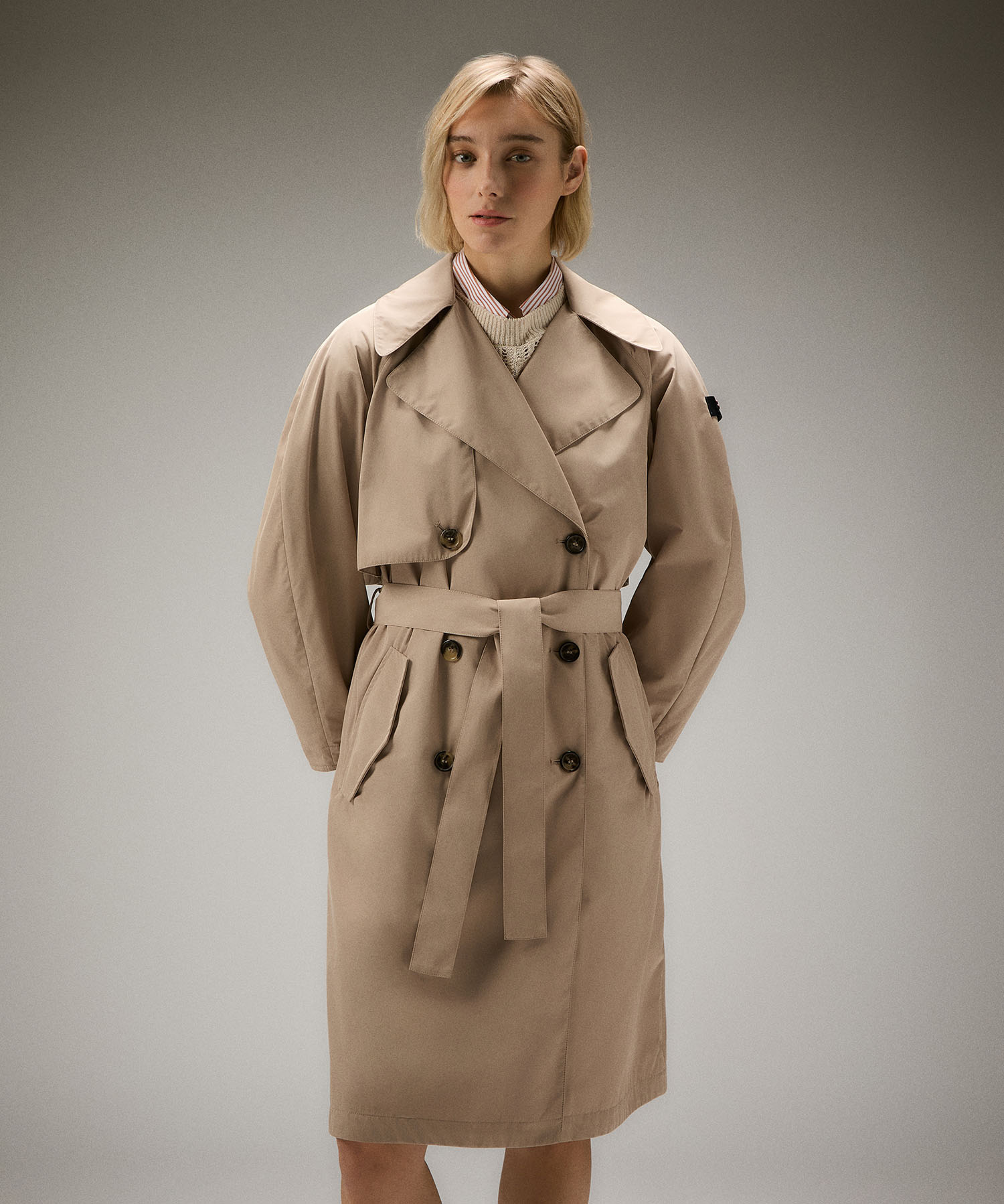Double-breasted taffeta trench coat with belt, color Sesame