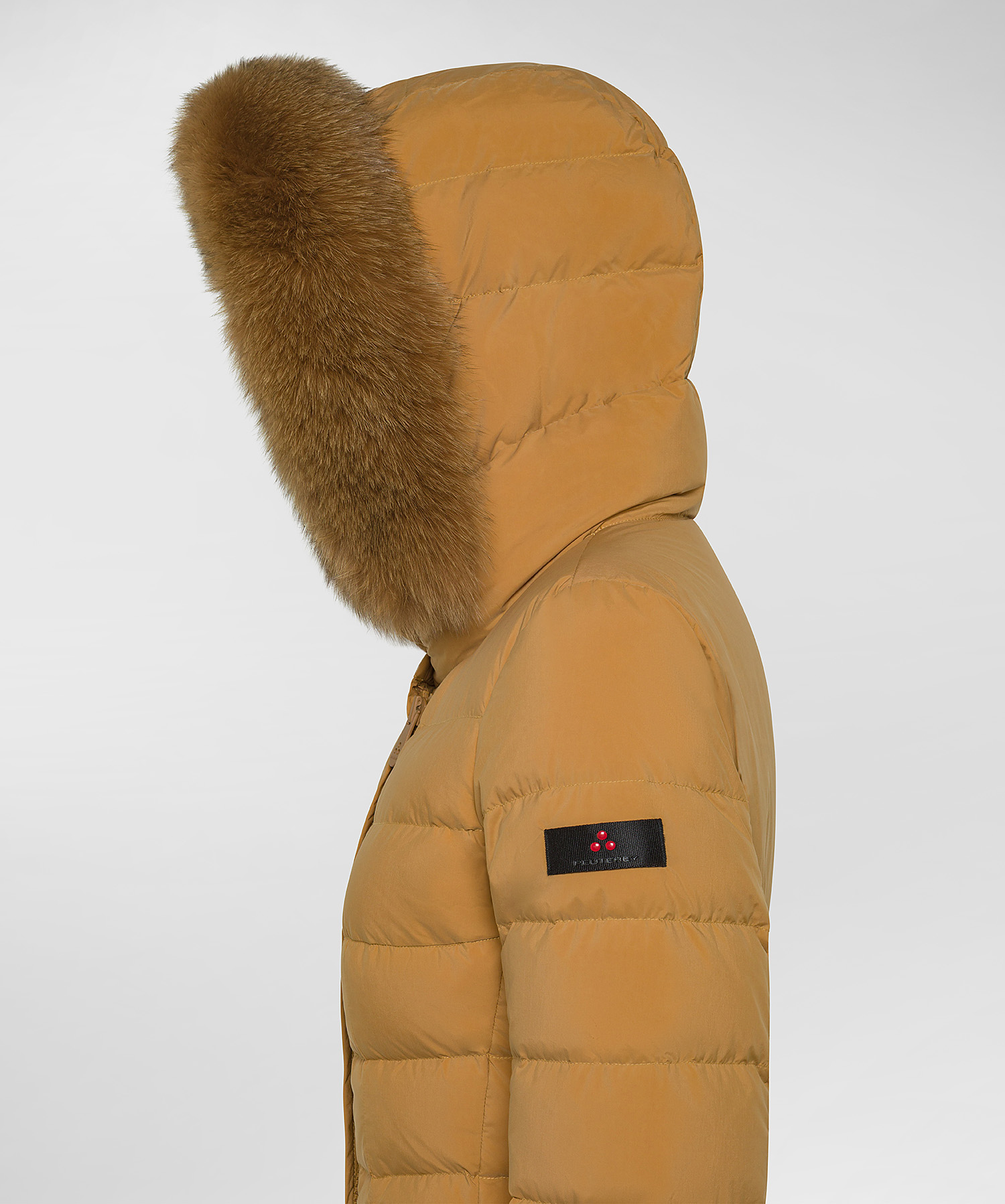 Piumino lungo con collo alto e pelliccia per donna, beige Peuterey