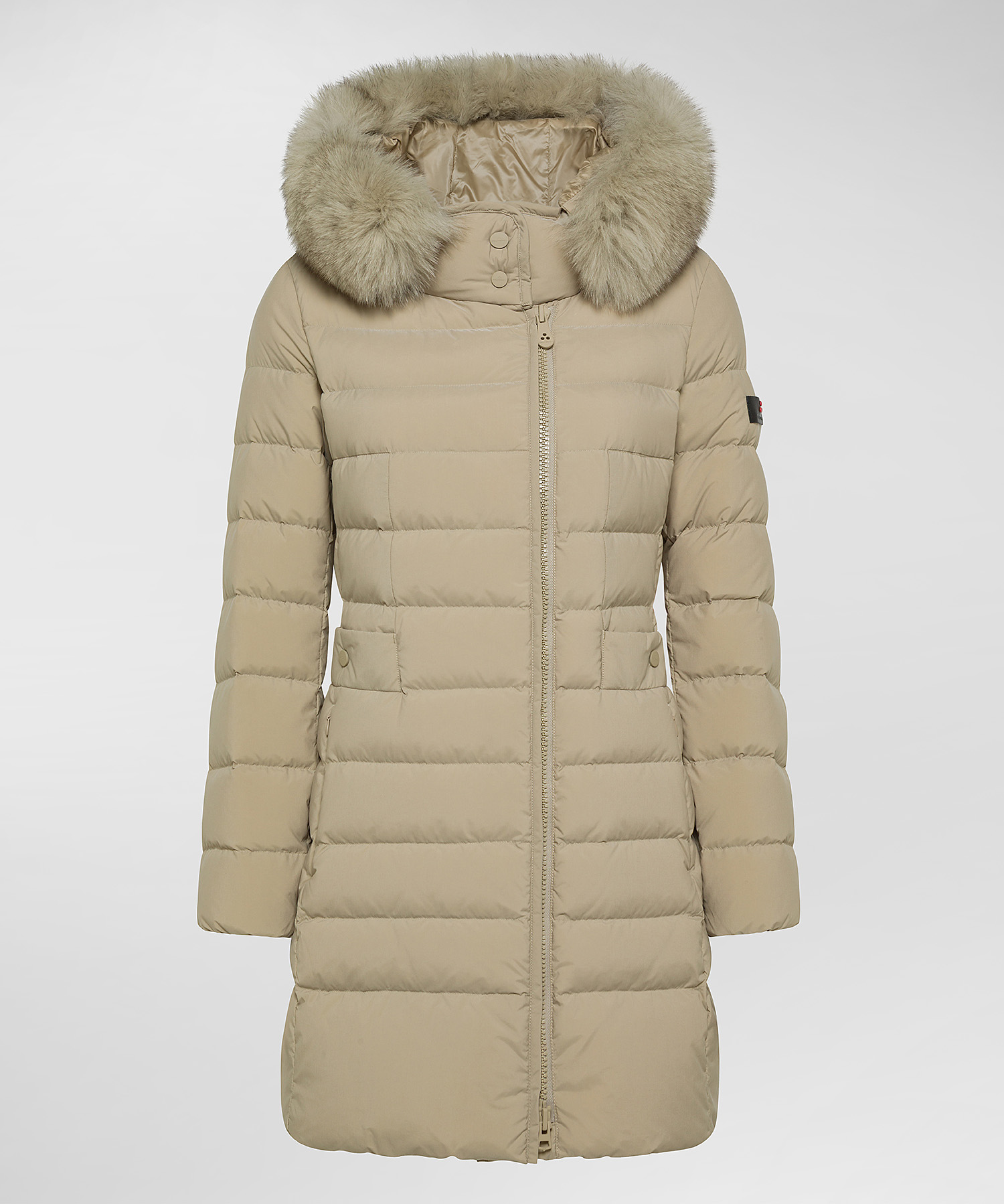 Long down jacket with high collar and fur, color Sesame