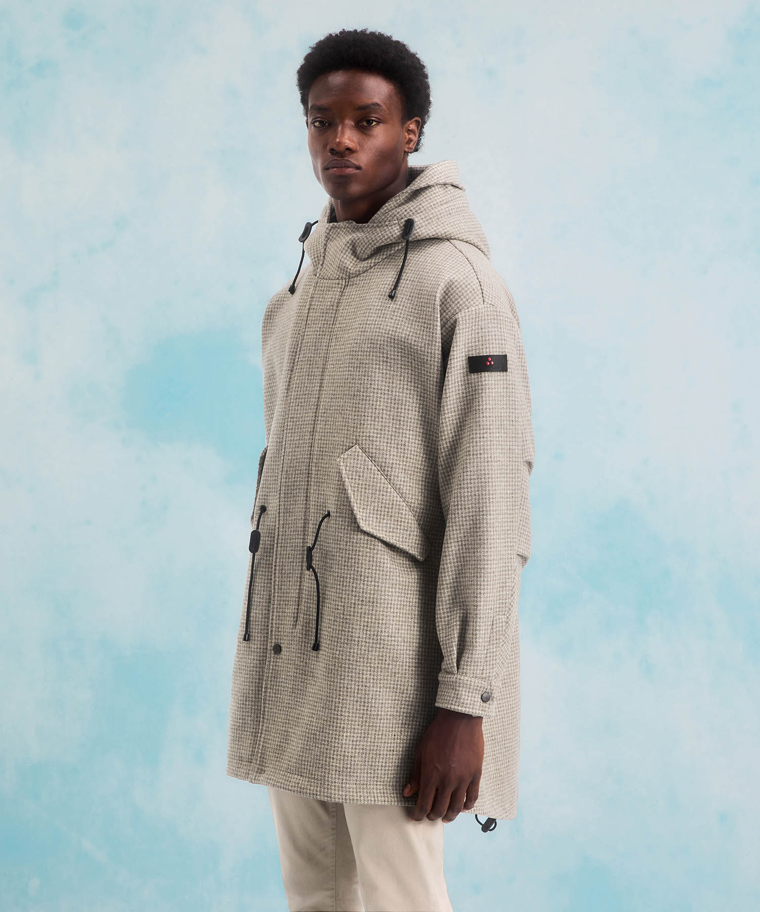 Ampio parka in lana pied de poule da uomo, beige