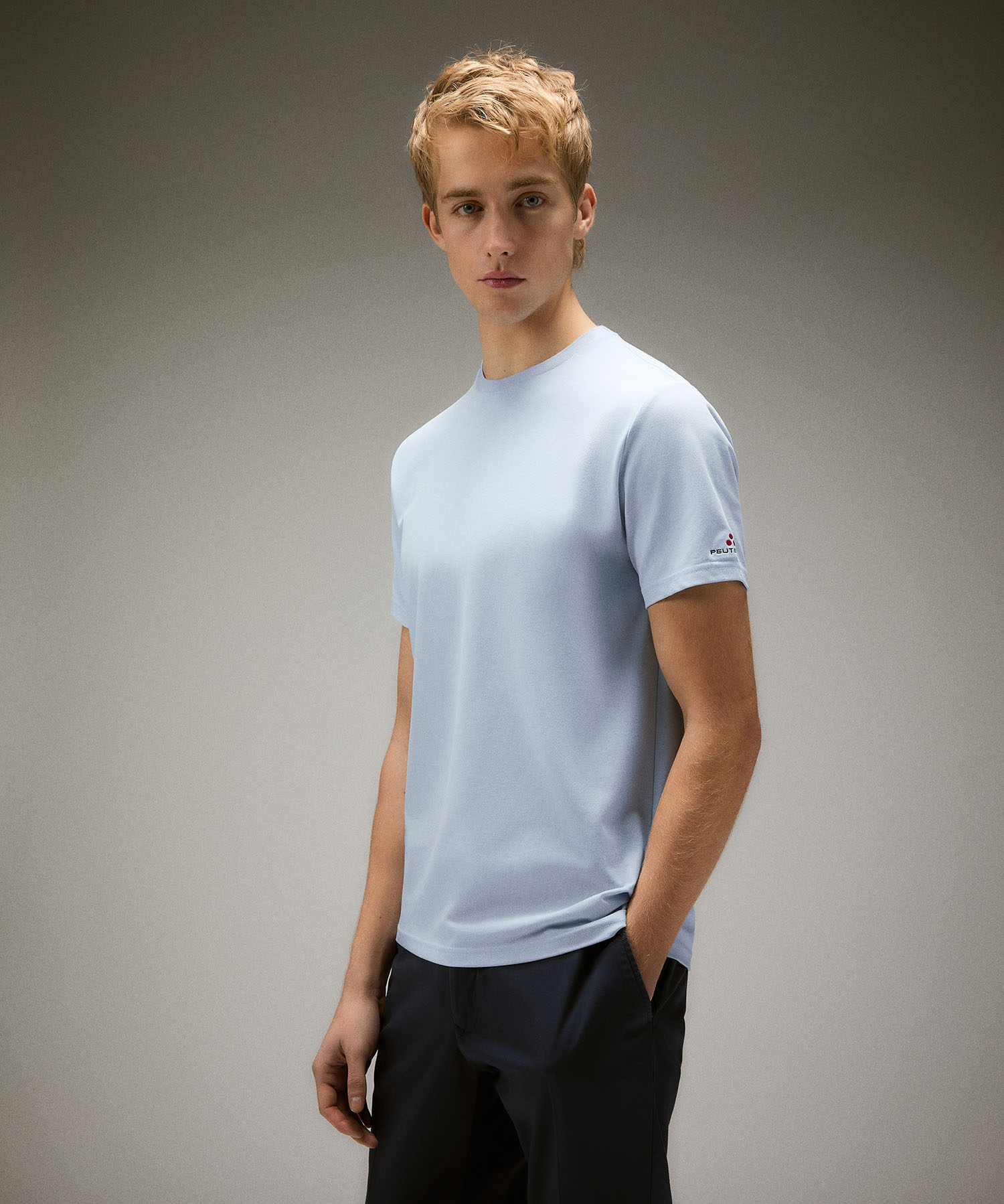 Stretch cotton and silk pique t-shirt, color Smoke Blue