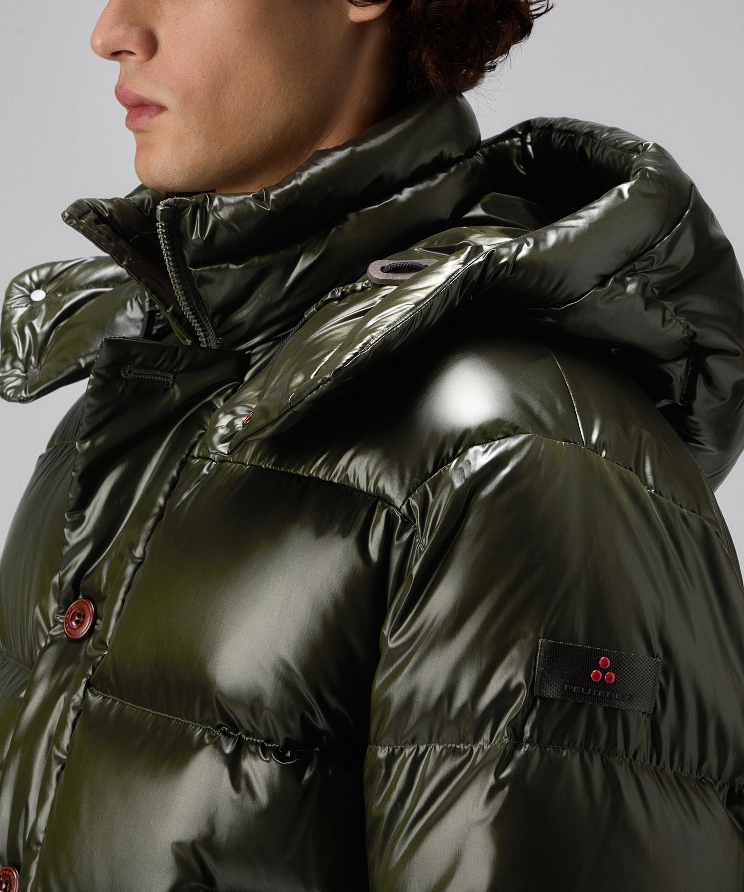 Iridescent down jacket with hood for men, green | Peuterey