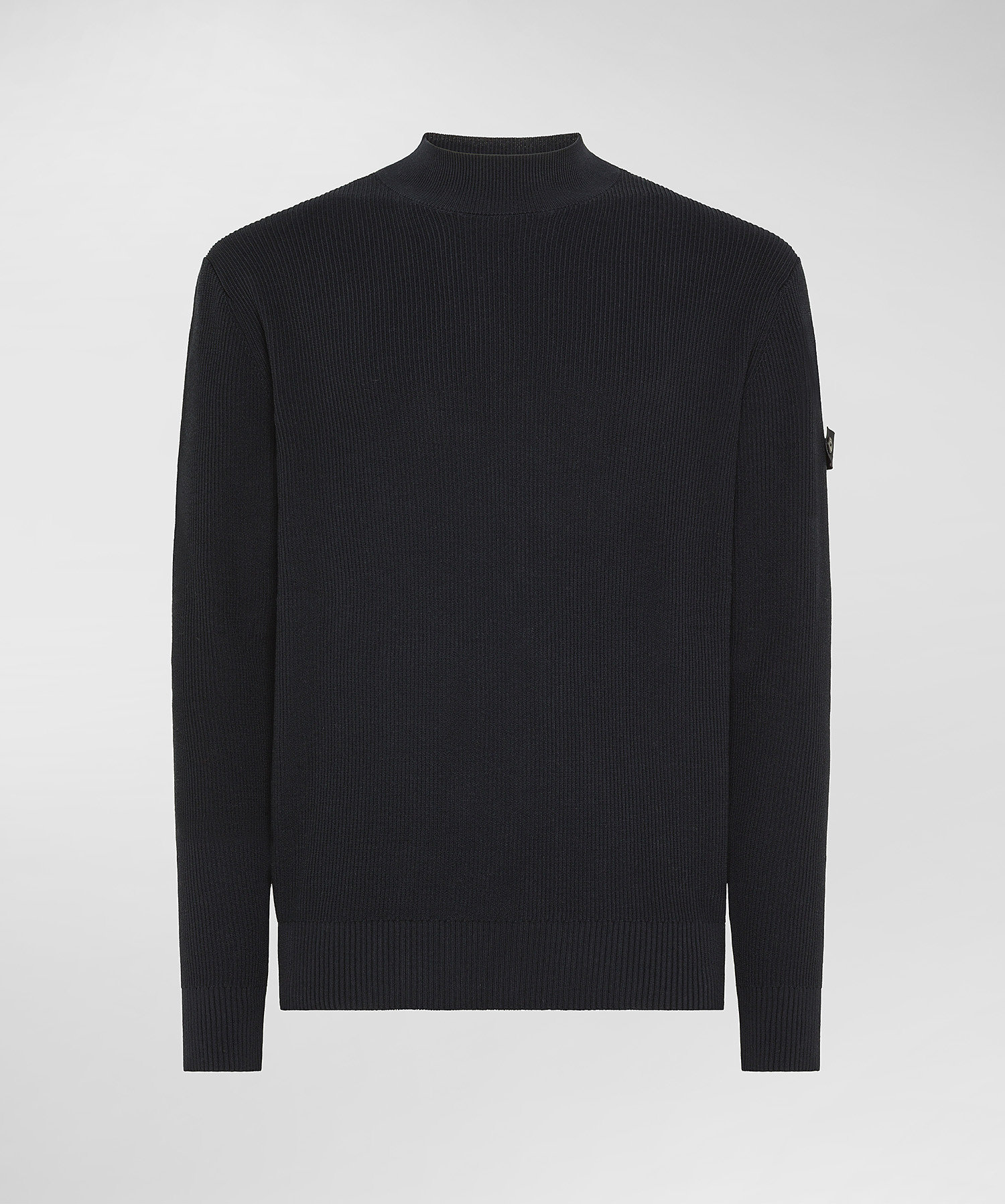 English knit cotton mock-collar sweater, color Graphite Blue