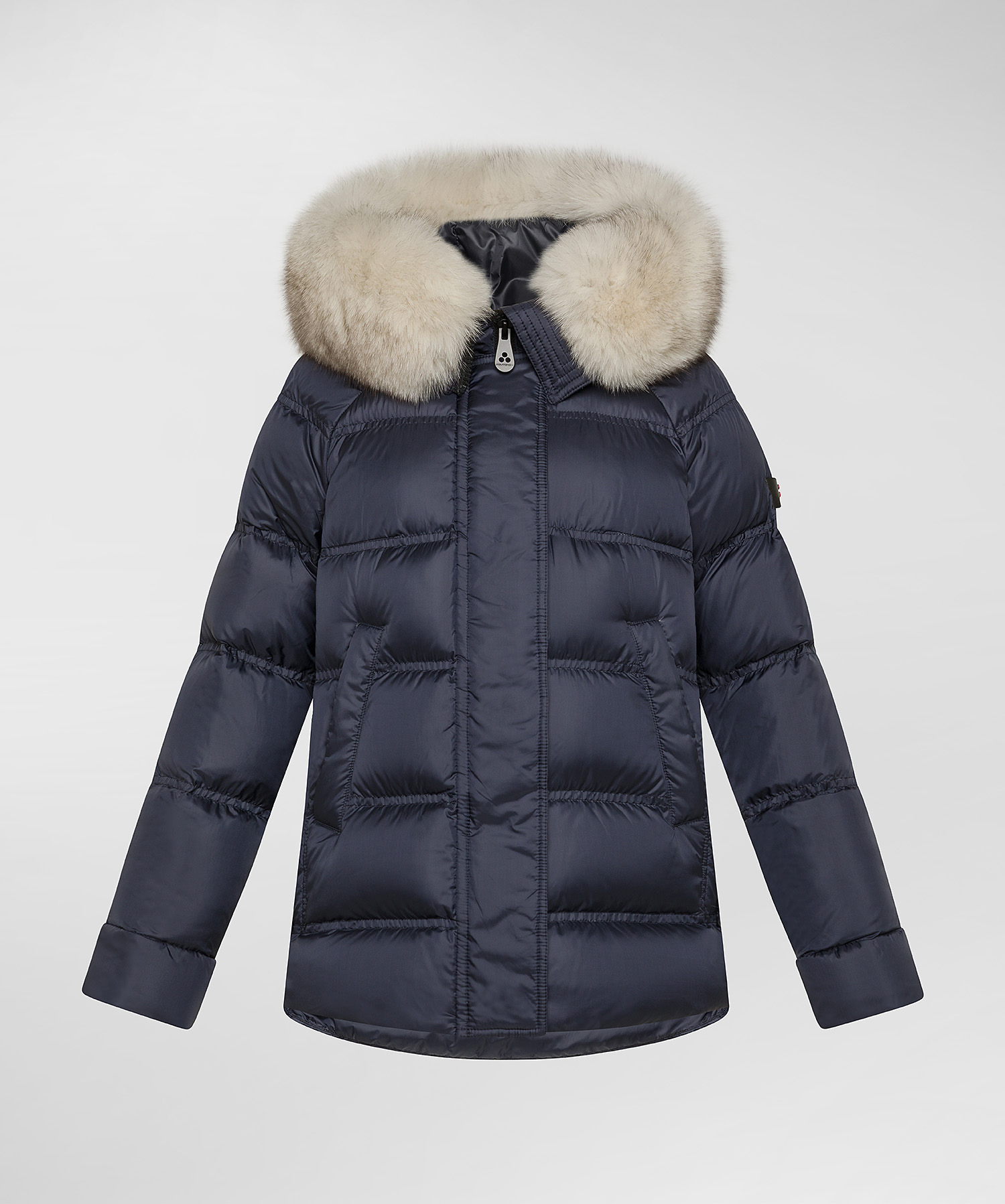 Down Jacket With Fur, color Graphite Blue | Peuterey